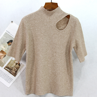 尾货捡漏清仓半高领中袖针织衫女士半袖打底衫小心机挖洞镂空上衣