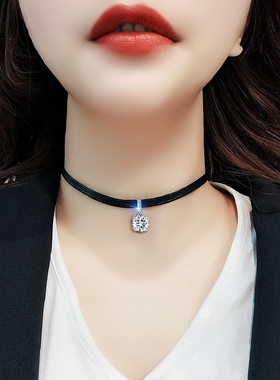性感项链小众设计感超闪锆石吊坠choker颈带皮绳项链女短款锁骨链