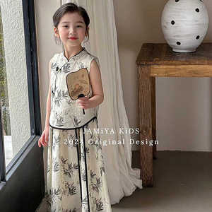 夏季女童汉服旗袍裙两件套女宝天丝不闷热水墨古风新中式套装童装
