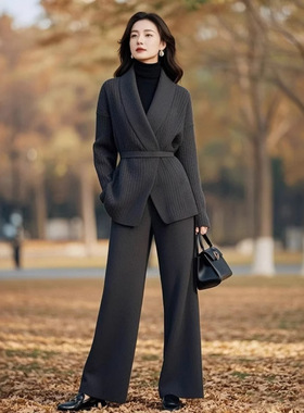 FL240934气质穿搭一整套高级感不撞款冬季灰色针织衫休闲裤套装