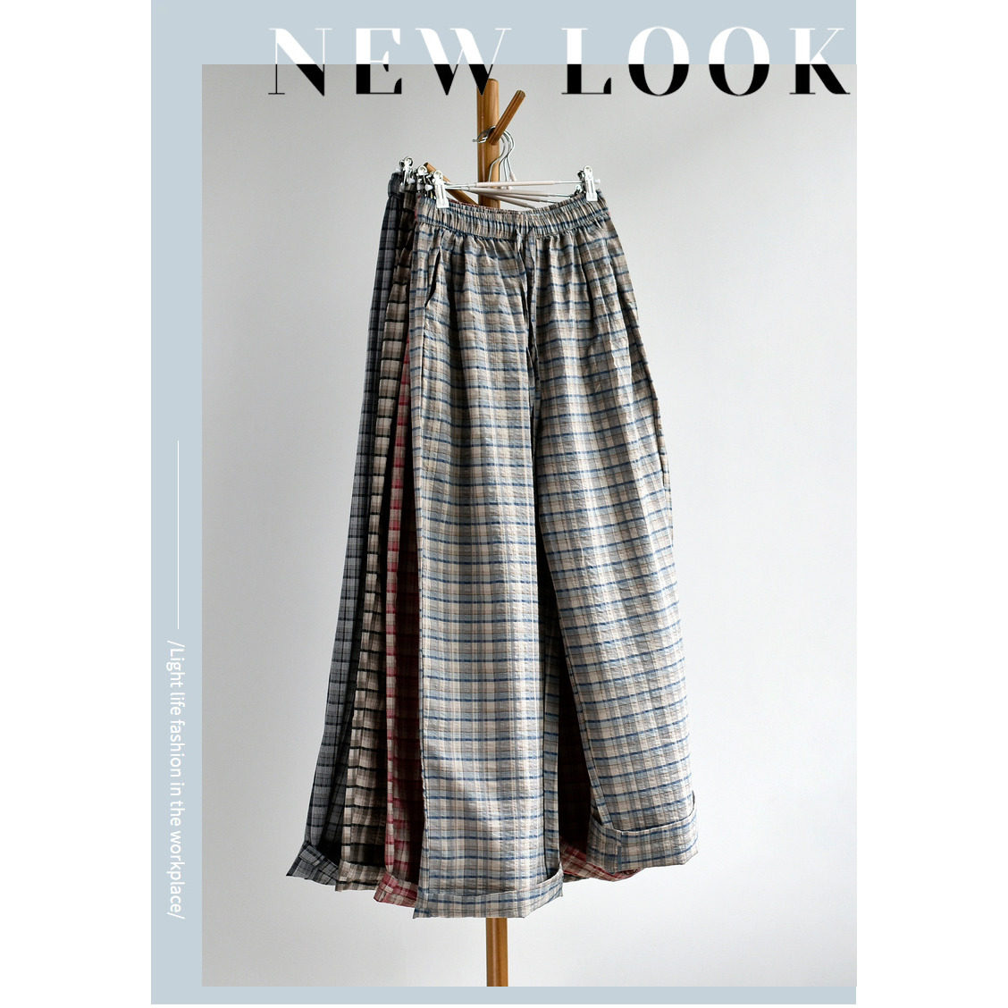 【有型纯棉格调裤】26夏女装女裤薄款纯棉格纹直筒阔腿休闲裤子