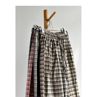 26夏女裤 新款 纯棉格纹薄直筒阔腿休闲山本压褶收腰 纯棉格调裤