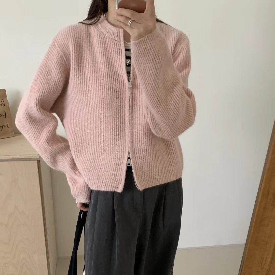 秋冬女毛衣外套高级简约小个短款纯色针织衫开衫双拉链坑条纹厚