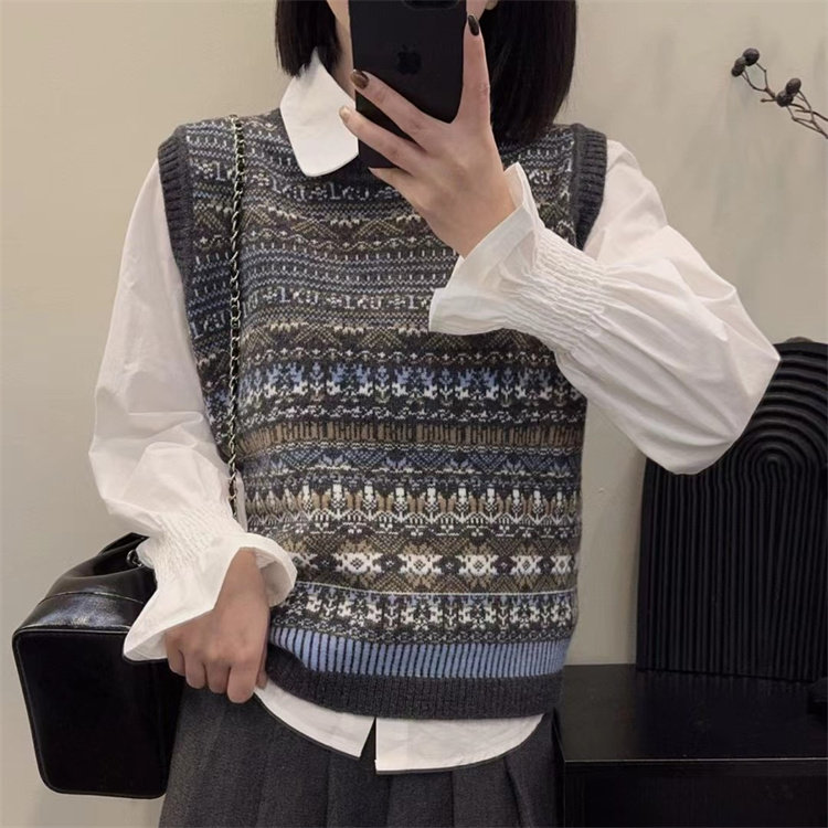 新款毛衣浣熊绒背心女费尔岛小众设计圆领针织春秋宽松复古马甲