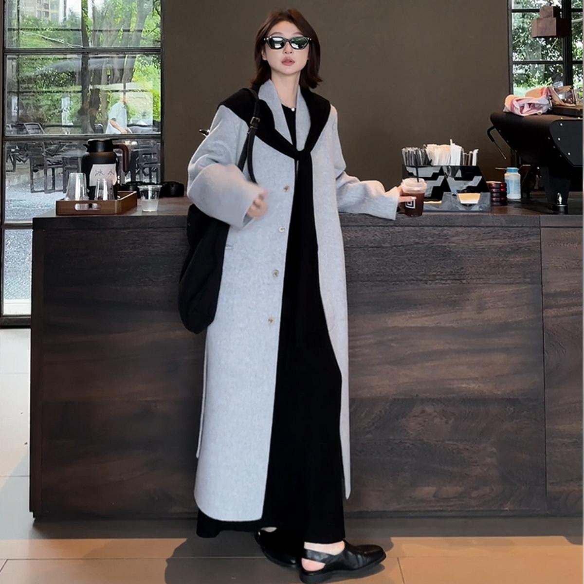 【盛朗熙Ares Mines】设计师款 极简长款无领毛呢绑带大衣