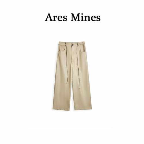 【盛朗熙Ares Mines】鞣革雅韵 PU质感纯色系带直筒皮裤八分裤女