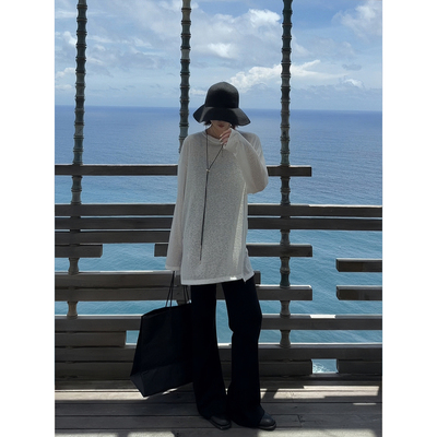 【盛朗熙Ares Mines】极简通勤 春夏清透感宽松圆领长袖开叉防晒T