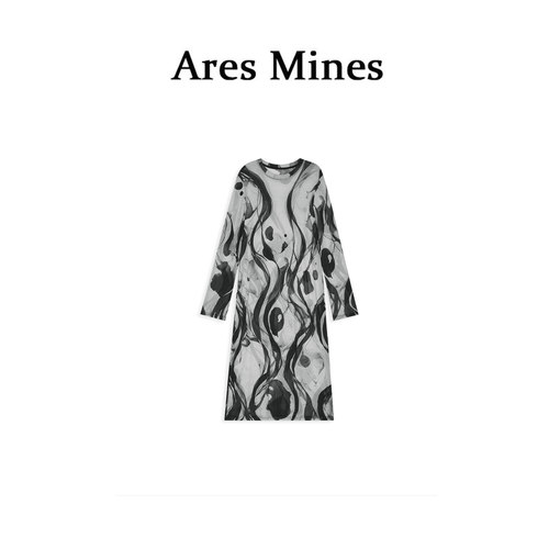 【盛朗熙Ares Mines】墨影游裳 山水墨染设计圆领长袖连衣裙长裙