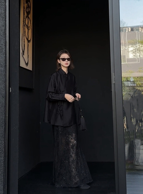 【盛朗熙Ares Mines】夜缀碎钻 亮片提花半透蕾丝A字半身裙长裙