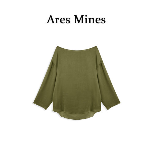 【盛朗熙Ares Mines】墨绿沉香 满分麻感极简斜肩设计藻绿色衬衫