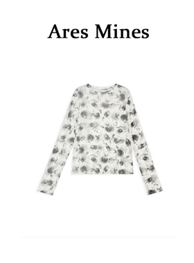 【盛朗熙Ares Mines】墨花弄影 定制印花晕染网纱圆领长袖T恤上衣