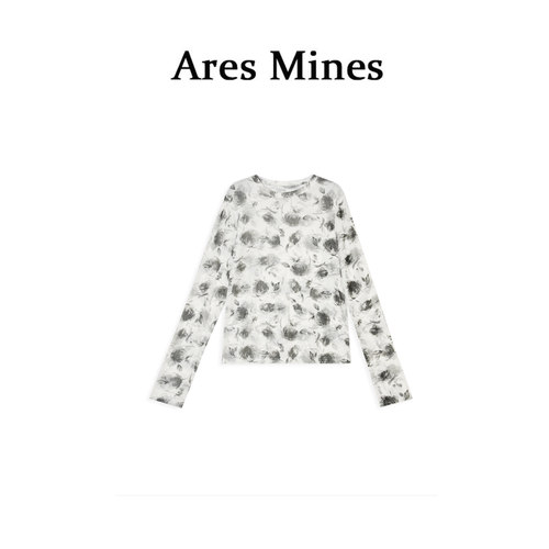 【盛朗熙Ares Mines】墨花弄影 定制印花晕染网纱圆领长袖T恤上衣