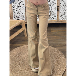 卡其色微喇牛仔裤2025夏季薄款美式覆古低腰显瘦垂感棕色喇叭裤子