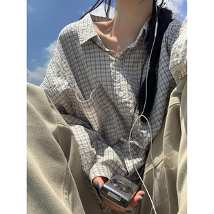 女 樱花麻豆 polo衬衫 皱褶感格纹长袖 慵懒宽松外套 覆古小众ins风