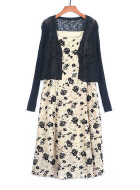 2025秋季新款时尚气质显瘦针织开衫碎花植绒吊带连衣裙两件套T138