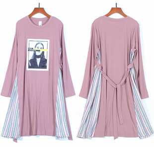 时尚 纯棉大摆T恤裙宽松中长款 女装 2025新款 显瘦拼接连衣裙230 秋季