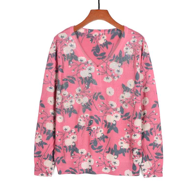 天丝亚麻印花烫钻套头长袖针织衫