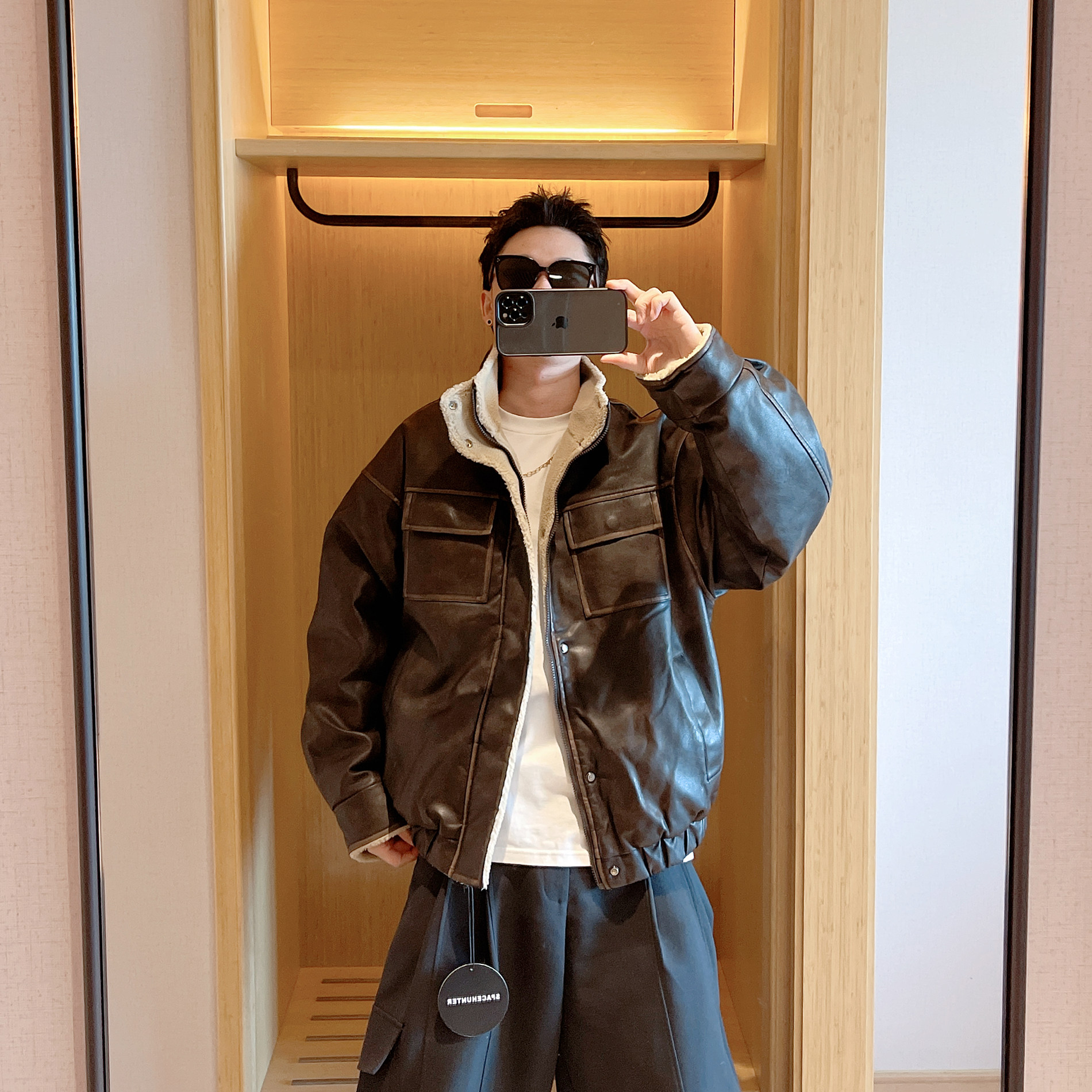 范哲贤 冬季新款美式复古做旧皮毛一体机车棉衣男皮衣棉服外套潮