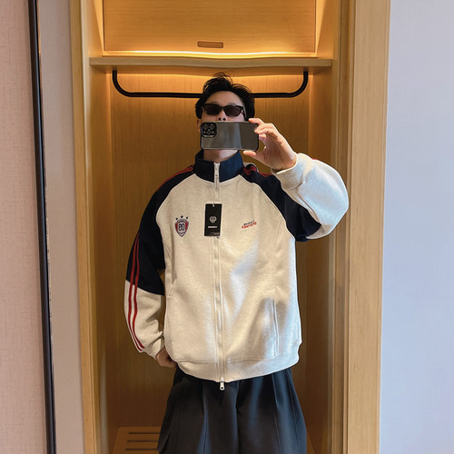 范哲贤 2025春季新款立领撞色外套男复古宽松运动休闲夹克卫衣潮