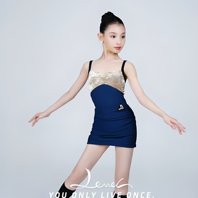 LEVEL舞服女儿童拉丁舞练功服撞色丝绒吊带连衣裙国标专业训练服