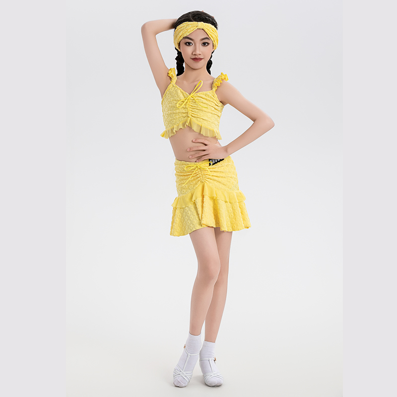 卓艺拉丁舞服夏季女儿童练功服黄色小花吊带褶皱半裙训练表演服