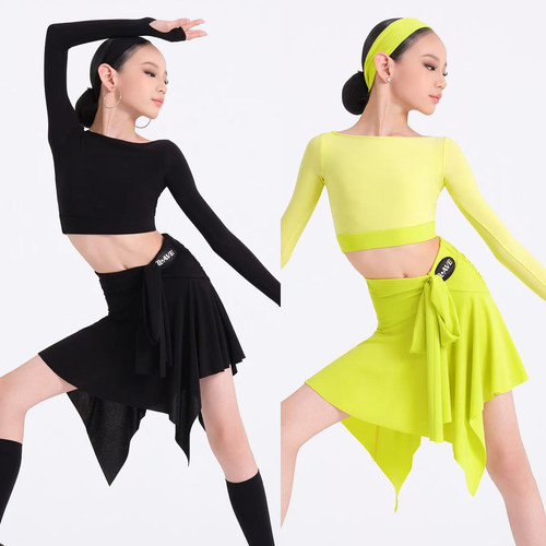 WAVE未午拉丁舞服秋冬女童练功服长袖上衣系带半裙训练服套装发带
