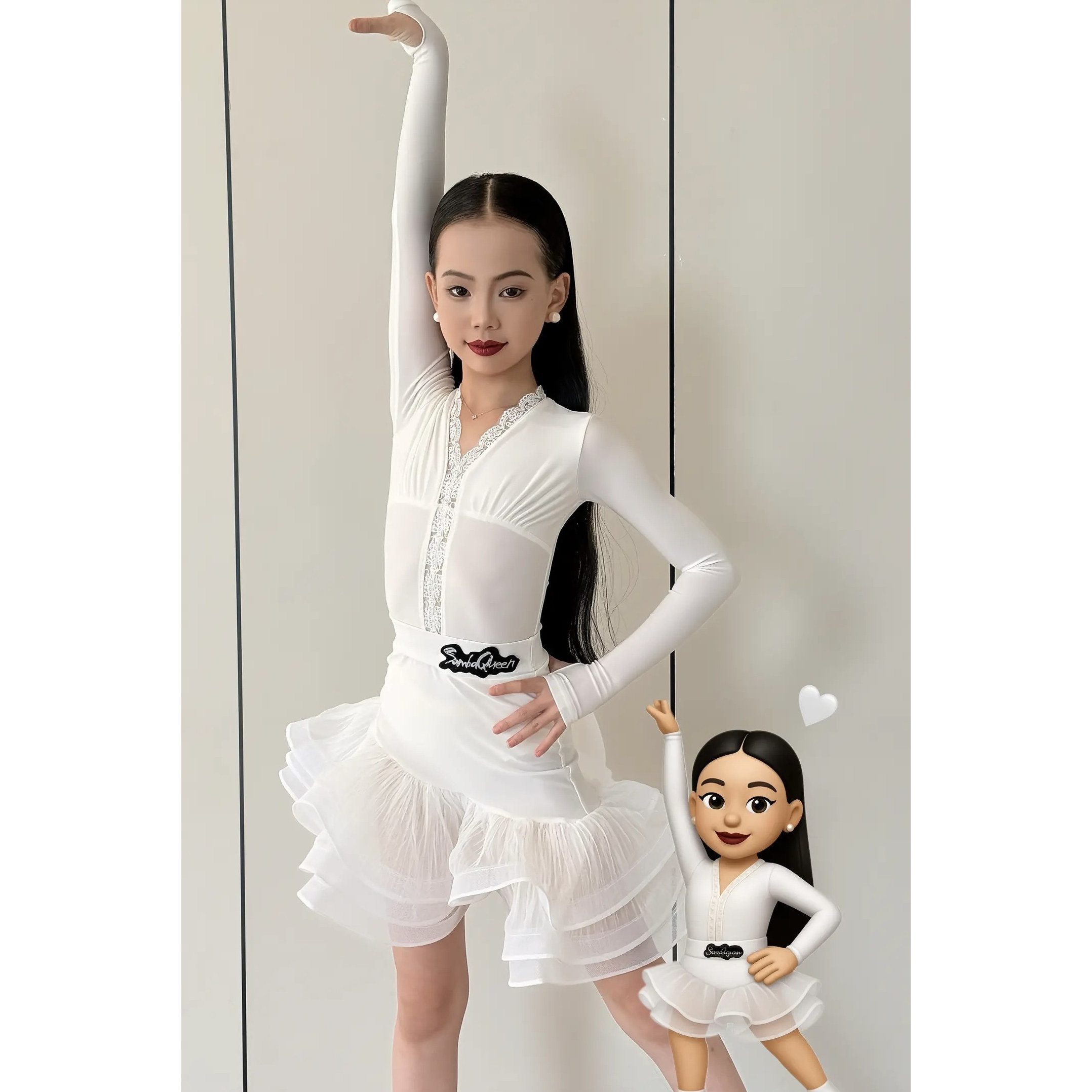 SQ拉丁舞服新款女儿童练功服白色蕾丝V领长袖上衣鱼骨纱裙训练服
