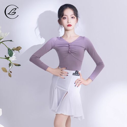 乐雅池拉丁舞服2025新款女童褶皱长袖上衣分体套装高级感练功服女