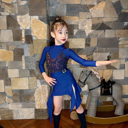 CD卡门拉丁舞服新款女童练功服长袖亮片舞蹈服国标专业训练服套装