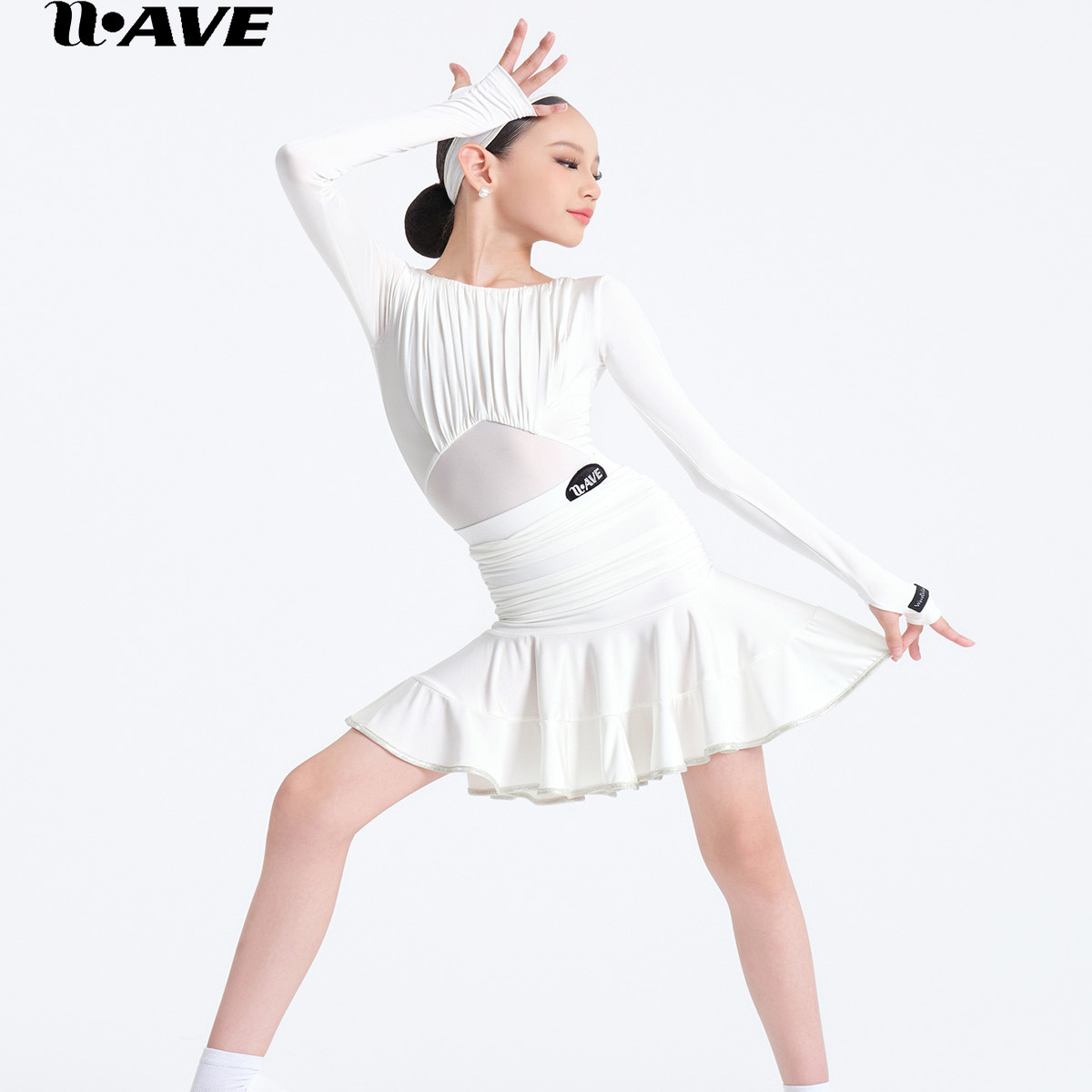 WAVE未午拉丁舞服秋冬儿童练功服长袖褶皱上衣包臀裙分体训练套装