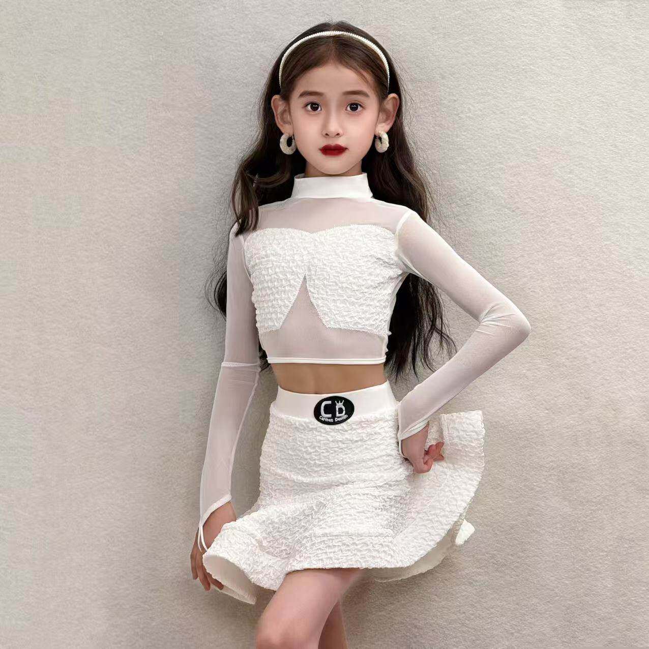 CD卡门拉丁舞服新款女童练功服高领网纱舞蹈训练服套装分体鱼骨裙