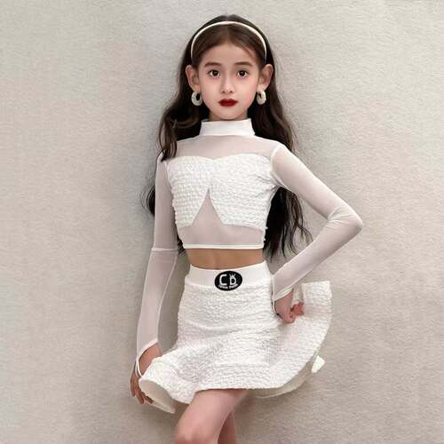 CD卡门拉丁舞服新款女童练功服高领网纱舞蹈训练服套装分体鱼骨裙