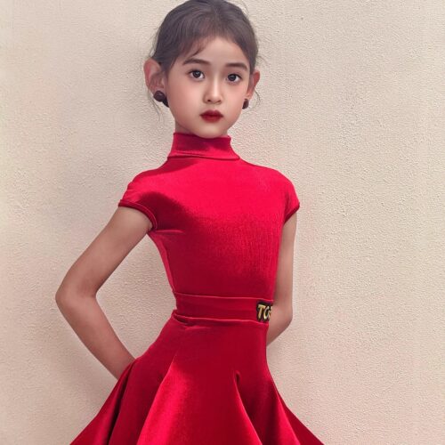 TOP拉丁舞服女童比赛专业规定服高级感丝绒大裙摆鱼骨国标演出服