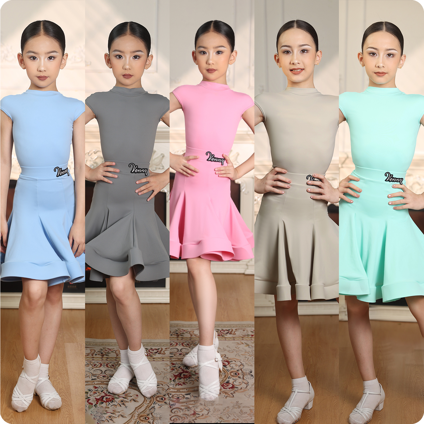 Venny薇妮拉丁舞服女童比赛服短袖高领演出服国标专业考级规定服