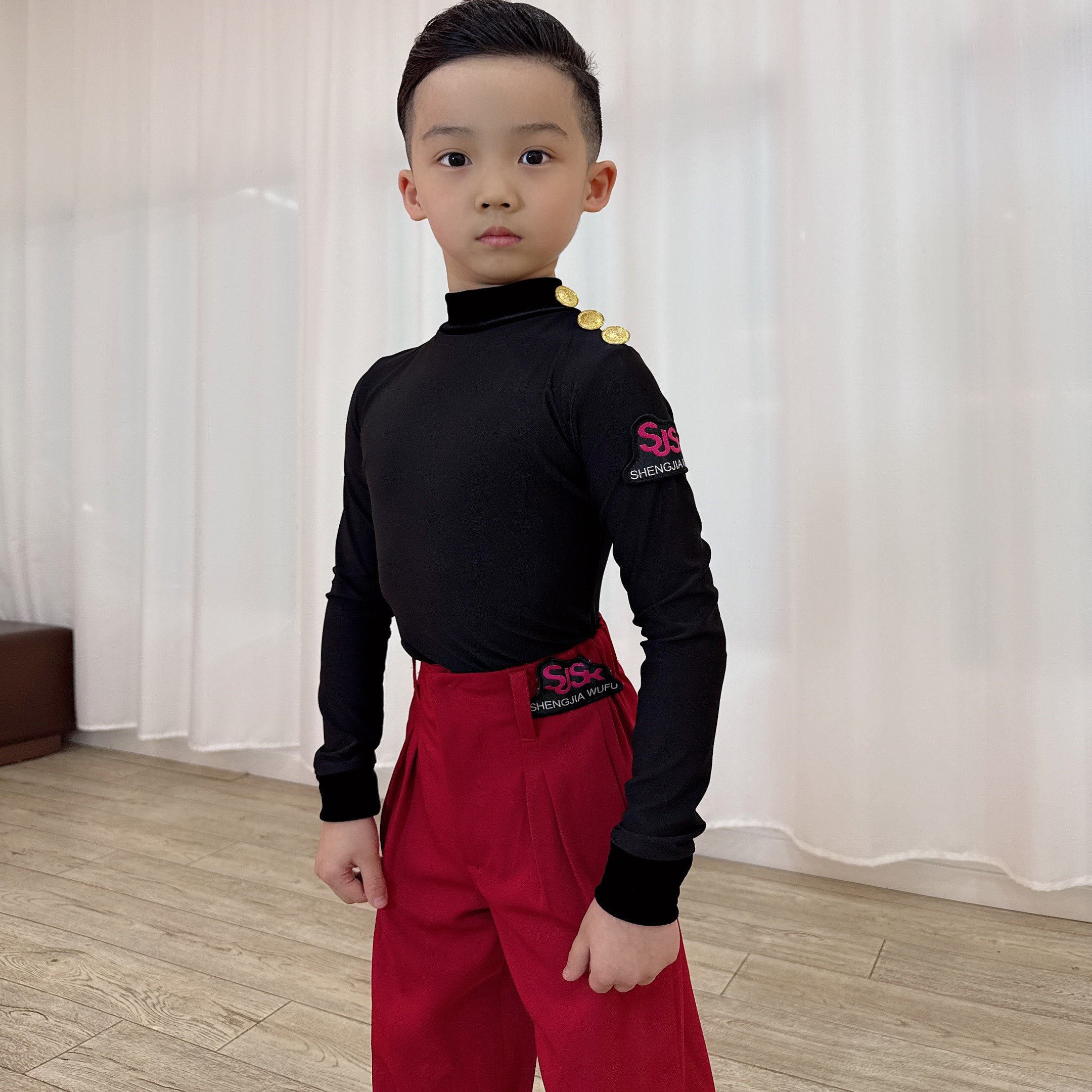 盛佳SJSK拉丁舞服秋冬新款男生练功服丝绒拼接长袖上衣连腰裤子