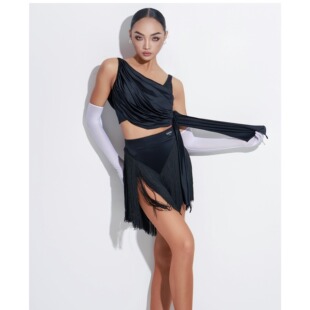 DAVID舞服拉丁舞成人女士练功服褶皱飘带吊带上衣流苏半裙训练服