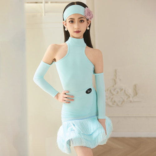 Venny薇妮拉丁舞服【浅漾】女儿童练功服长袖流苏裙训练表演套装