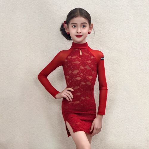 CD卡门拉丁舞服新款女童练功服蕾丝旗袍表演服国标专业艺考训练服
