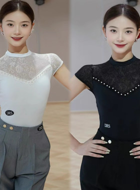 DRS拉丁舞服女成人网纱拼接珍珠上衣美背绝美舞蹈练功服专业时尚