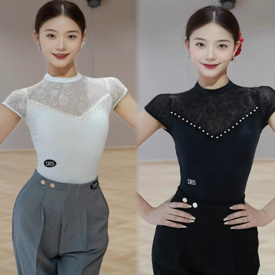 DRS拉丁舞服女成人网纱拼接珍珠上衣美背绝美舞蹈练功服专业时尚
