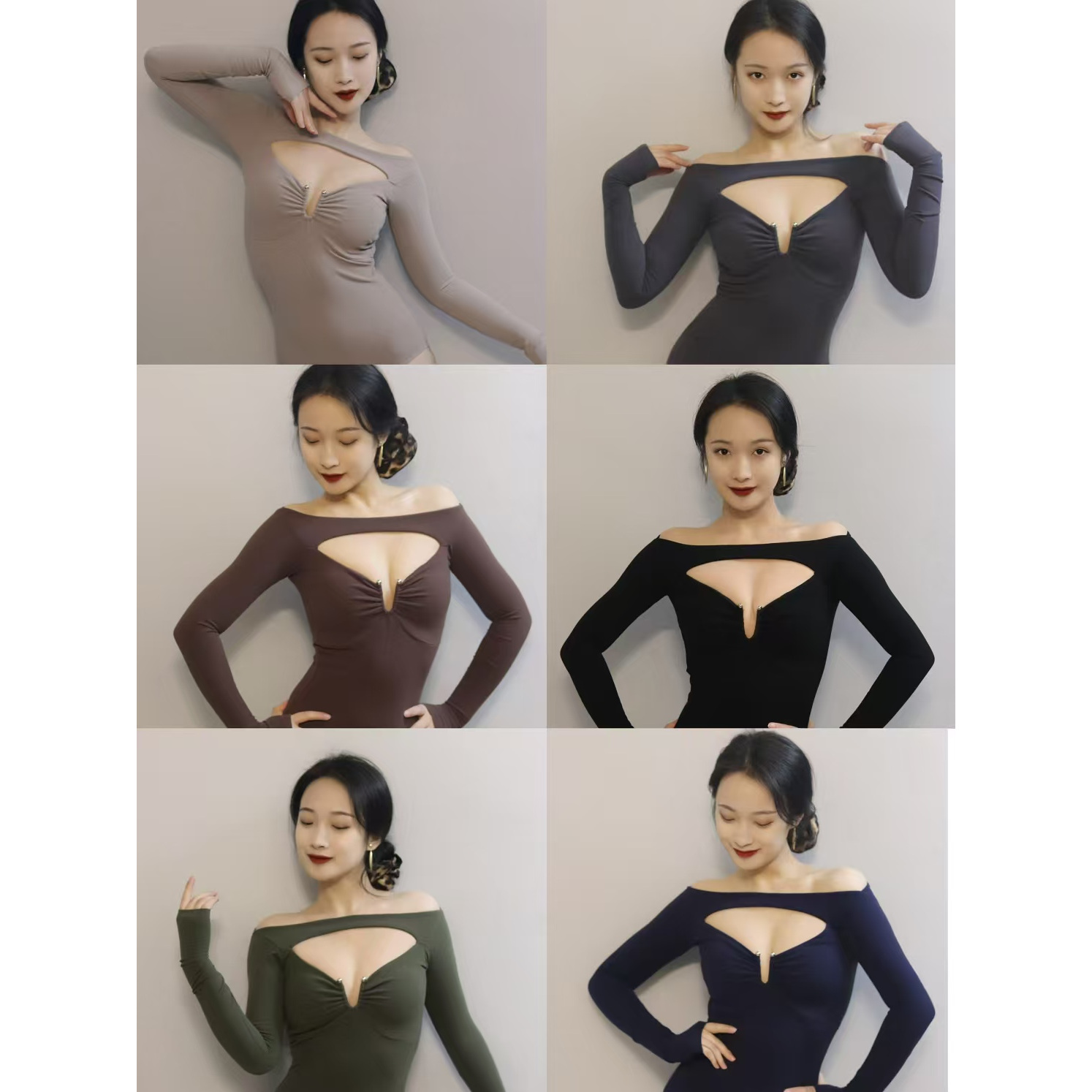 LOYAL拉丁舞服成人女士练功服长袖一字领上衣连体衣显瘦百搭训练