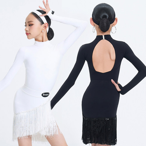 WAVE未午拉丁舞服【光曳交响】女儿童练功服长袖小高领流苏裙套装