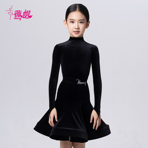 venny薇妮拉丁舞服女童规定服长袖高领丝绒带鱼骨国标考级比赛服