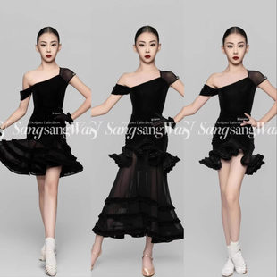 sswang拉丁舞服女童斜肩蛋糕裙练习服摩登三件套练功服少儿带手套