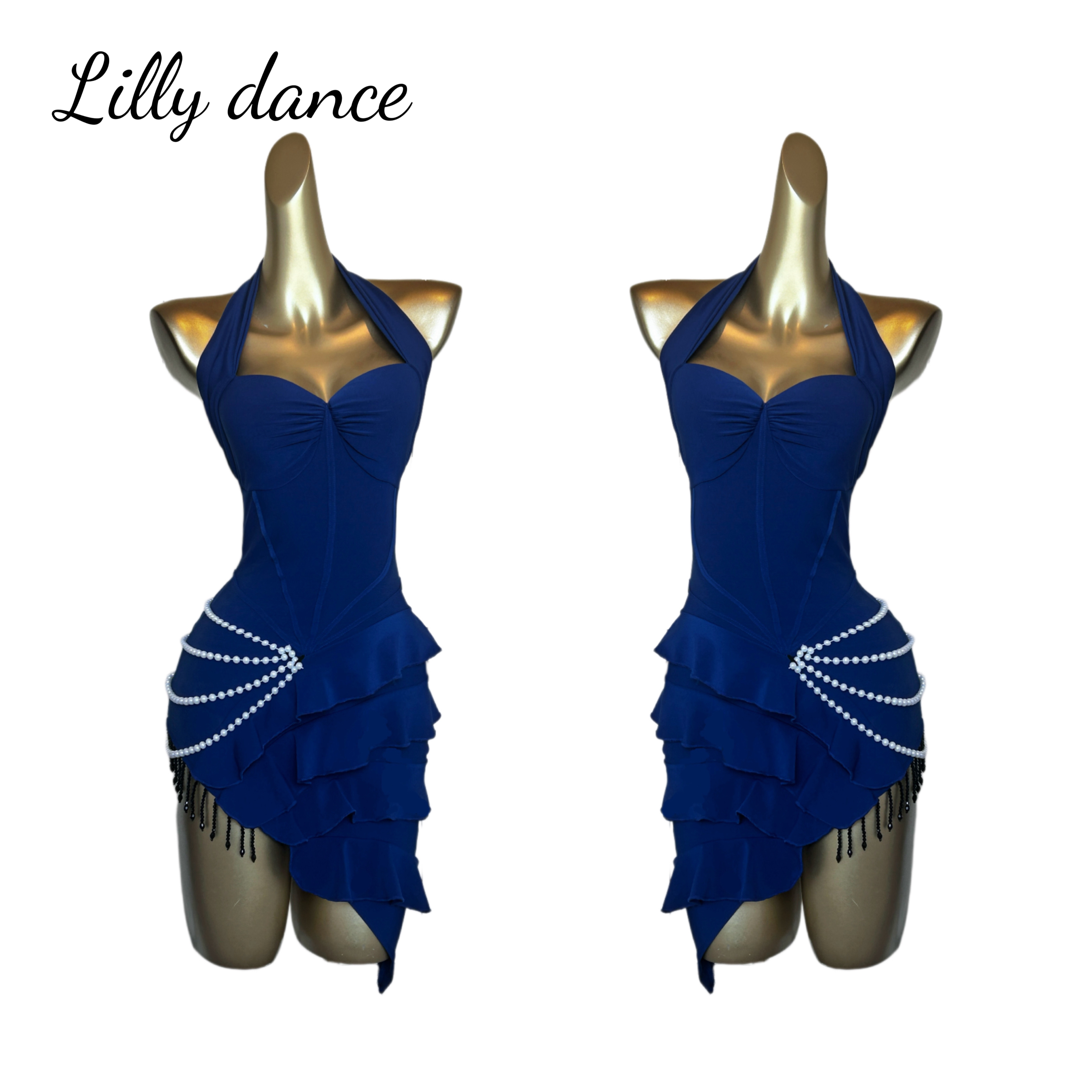 Lilly舞服拉丁舞成人练功服短款重工珍珠斜边连衣裙国标表演训练