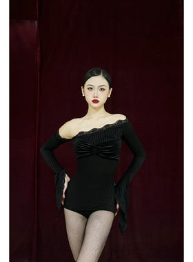 LOYAL舞服拉丁舞成人女练功服蕾丝斜肩喇叭袖上衣连体衣上课训练