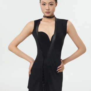 Breedesign拉丁舞服成人女士练功服黑色网纱不规则系带珠链外披