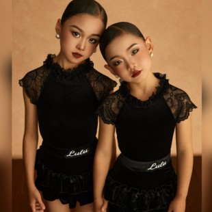 丝绒公主裙套装 蕾丝短袖 LULU拉丁舞服女童新款 少儿练功服 正品