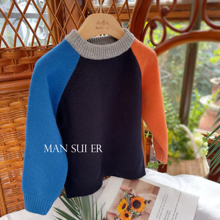 满穗儿男大童100美利奴纯羊毛衫秋冬加厚毛衣儿童撞色羊绒打底衫