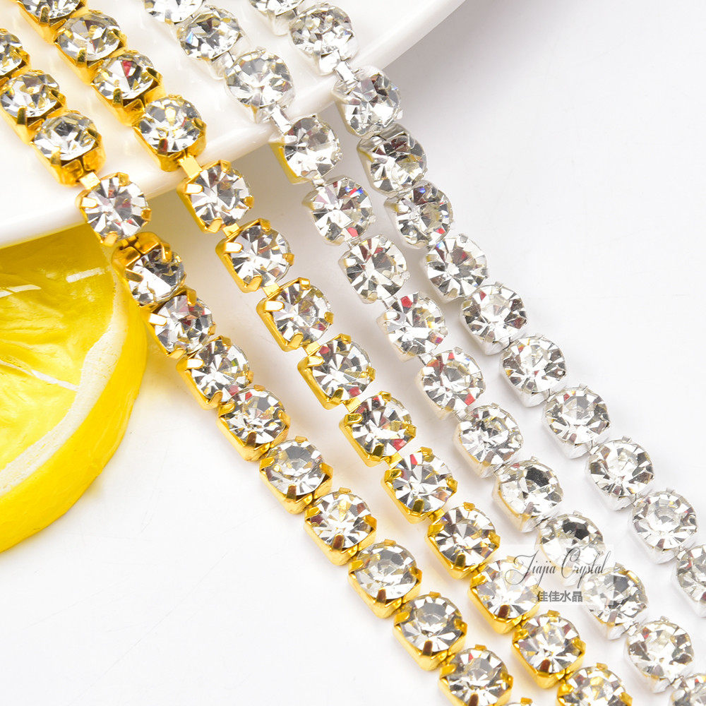 厂家直销 2mm-8mm金银底白钻手缝玻璃水钻密爪链diy服装首饰配件